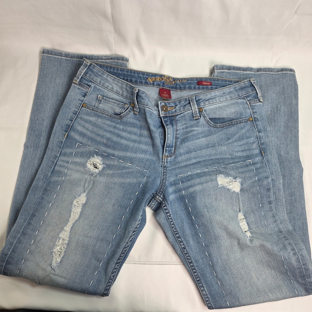 Arizona Jean Co Womens Straight Leg Distressed Light Wash Jeans Size 13 Blue